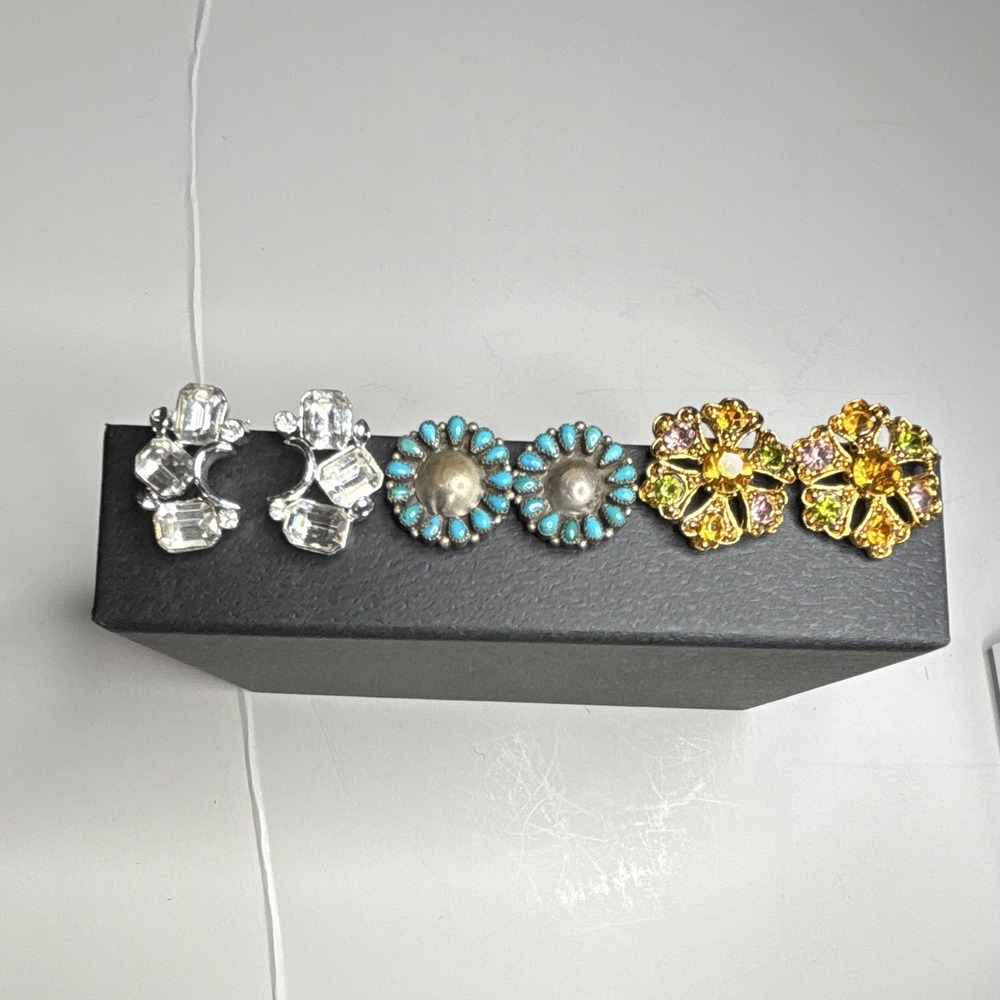 3 Pair Floral Clip-On Stud Earrings Multicolor Simulated Clear Rhinestones